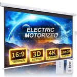 Projector Screen Motorized 100 Inch 16:9 HD Electric Projector Screen Pull Down with Remote, Automatic Projector Screens Wall Ceiling Mount Movie Screens for Projectors Outdoor Indoor, White