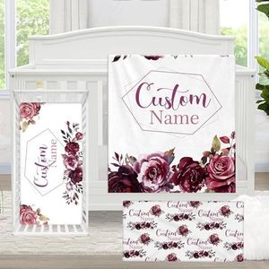 KAINSY Personalized Crib Bedding Set for Baby, 3 Pcs Custom Nursery Bedding with Name, Purple Flower Baby Crib Set, Girls Toddlers Infants Kids Customized Gift
