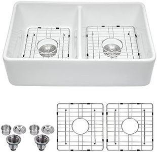 Logmey 32 inch White Farmhouse Sink Double Bowl 50/50- Ceramic Porcelain Fireclay Double Bowl Farm Apron Front Kitchen Sink