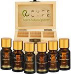 Pure Life Top 6 Essential Oils Organic Natural Oil Gift Set for Diffuser Humidifier Massage Revive Aromatherapy Skin and Hair Care Eucalyptus Lavender Peppermint Vanilla Sweet Orange Jasmine