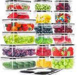 HKJ Chef 36-Pieces Airtight Food Storage Containers Set, 18 Containers and 18 Snap Lids, Plastic Kitchen and Pantry Organization for Vegetables, Fruits and Food, BPA Free, Includes Labels & Marker