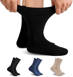 Forcool Merino Wool Crew Diabetic Socks, Loose Top Extra Wide Non-Binding and Cushioned for Men and Women, Black+Khaki+Denim blue, Large, 3 Pairs
