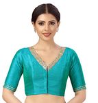 Studio Shringaar Women's Readymade Silky Elbow Length Sleeves Saree Blouse With Embroidered Neckline (Firozi, 38)