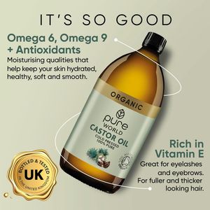 Pure World Organic Castor Oil 1000ml – Cold Pressed, Hexane Free, Food Grade