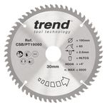 Trend Tungsten Carbide Circular Saw Blade, 190mm Diameter, 60 Teeth, 2.6mm Kerf, +4° Hook Finish, CSB/PT19060, Ideal for Hard Laminates, Wood, and Melamine-Faced Chipboard