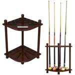 Iszy Billiards Pool Stick Holder - Pool Cue Rack, Billiard Ball Rack Floor Stand for Full Set & 4 Score Counters - 100% Wood, Holds 8 Cues and 16 Balls - Pool Accessories, Mahogany