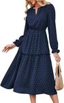 JASAMBAC Fashion Tiered Boho Dresses for Women Ruffle Long Sleeve V Neck High Waisted A-Line Swiss Dot Dark Blue Church Dresses M