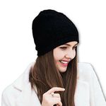 WaySoft Women Cashmere Oversized Beanie Hat, Warm and Luxury, (Black)