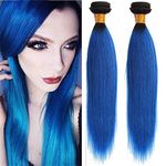 RemeeHi Ombre Human Hair Weft Extension 1b/blue Straight Hair Weave 2 Tones Black to Blue 16 Inch 100g One Bundle