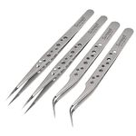 Sanhooii 4-Piece Tweezers Set Anti-Static Stainless Steel Precision ESD Tweezers 2 Straight 2 Curved for Tools for Electronics Jewellery Making Industry Grip Silver