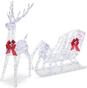 Best Choice Products Lighted Christmas 4ft Reindeer & Sleigh Outdoor Yard Decoration Set w/ 205 LED Lights, Stakes, Zip Ties - Iridescent