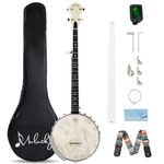 Mulucky 5 String Banjo - Full Size with 24 Brackets, Open Back, Maple Banjo with Remo Head, Geared 5th Tuner, Gift Package with Beginner Kit - B1102