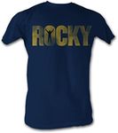 Rocky T-Shirt Distressed Faded Yellow Logo Navy Tee, Large