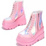 Ritmorro Gothic Platform wedge ankle boots Chunky low block heels Lace up zip Punk Motorcyle Combat Boots for Womens, Pink, 8 UK