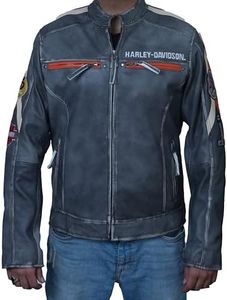 Men’s Retro H-D Harley Vintage Motorcycle Leather Jacket, Classic Biker Wear Cafe Racer Leather Jacket for Men, Distressed Black Liii, X-Large