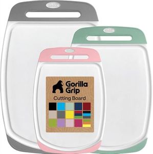GORILLA GRIP BPA-Free Reversible Kitchen Cutting Board Set of 3, US Designed, Nonporous, Juice Grooves Catch Liquid, Slip Resistant Border, Dishwasher Safe Large Food Chopping Boards, Gray Mint Pink