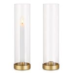 Gold Candlestick Candle Holders Hurricane Glass - Romadedi 12 Inch Clear Taper Candle Holders for Table Centerpiece Wedding Party Birthday Christmas Decor Home Decorations, Set of 2