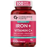 Carbamide Forte Iron Supplement for Women & Men | Folic Acid Tablets with Vitamin C, B12, Zinc | 100 Veg Iron Tablets for Women & Men