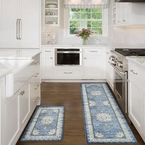 Collive Boho Kitchen Mat, Cushioned Anti Fatigue Kitchen Rug Set 2 Piece Non-Skid Waterproof Kitchen Mats for Floor, Comfort Heavy Duty Standing Mat for Kitchen, Laundry, Office, Desk(Blue)