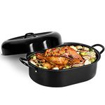 Granite Stone Oval Roaster Pan, Small 16” Ultra Nonstick Roasting Pan with Lid, Grooved Bottom for Basting, Broiler Pan for Oven, Dishwasher Safe, Up to 7lb Poultry/Roast, Serves 1-5, PFOA Free