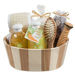 Freida Joe - Fresh Cucumber Melon Two Tone Wood Spa Basket! Wooden Massage Comb, Reflexology Wood Stick, Back Scrubber Loofah, Candle, Potpourri In An Organza Bag, 260ml Shower Gel, 260ml Bubble Bath