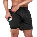 BRISIRA Mens Swim Trunks Swim Shorts for Men Quick Dry 5 inch Inseam Beach Shorts with Compression Liner Zipper Pocket Black