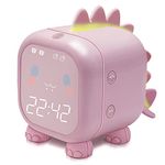 Kids Alarm Clock with Dinosaur, Digital Alarm Clock for Kids Bedroom, Cute Bedside Clock Children's Sleep Trainier, Wake Up Light and Night Light with USB for Boys Girls Birthday Gifts. (Pink)