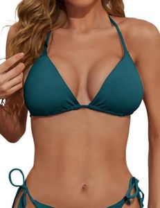 Zuvebamyo Women's Triangle Bikini Top Ribbed Push up Padded Halter String Bathing Suits Top Teal M