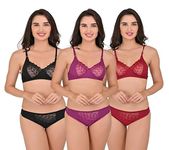 DFEET Elegant Lace Detailing Bra and Panty Set for Women & Girls | Exquisite and Stylish Lingerie Collection | Available in Size 28B Cup | Timeless and Intricate Design|Pack of 3|Multicolor