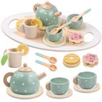 Bezavea 15PCS Wooden Tea Set for Toddlers, Pretend Play Tea Party Set, Children Tea Party Set with Play Food Dessert Tray Teapot Kitchen Accessories, Birthday Gifts for 3 4 5 6 7 Year Olds Girls Boy