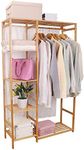 unho Open Wardrobe Coat Stands:Bamboo Garment Rack with Shelves Clothing Hanging Rail with Back Cover Clothing Standing Rack 35.4” x 11.8” x 58”