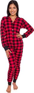 Silver Lilly Slim Buffalo Plaid Flapjack Pajamas - Warm Adult Onesie Jumpsuit, Cotton One Piece PJs, Union Suit, Women's, Red/Black Plaid, Medium