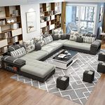 Torque - Bristol 12 Seater U Shape Sectional Fabric Sofa Set with 4 Puffy (Left Side, Light Grey & Dark Grey) | Couch for Living Room | 3 Years Warranty