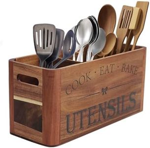 RMCOKGX Utensil Holder for Kitchen Countertop - Extra Large 4 Compartment Wooden Organizer in Acacia Wood, Storage for Cooking Tools and Cutlery, Farmhouse Style for Home Cooking