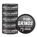 Grinds Coffee Pouches | 6 Cans of Double Shot Espresso | 18 Pouches Per Can | 2x Caffeine 1 Pouch eq. 1/2 Cup of Coffee