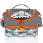 Kids Double Decker Cooler Insulated Lunch Bag, Back to School Large Meal Tote for Boys, Girls, Men, Women, with Adjustable Strap, Shark