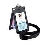 Badge Holder with Lanyard Heavy Duty Cute Leather Trifold ID Card Holder with Clear ID Window and Card Slots for Women Nurse Teachers School Medical Law Enforcements (Vertical, Black)