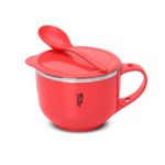 Jaypee Plus Stainless Steel Soup Bowl with Lid & Spoon Holder Souptok, Maggi Bowl Noodles Pasta Bowl, Mug for Milk, Best Diwali Gift, Mug for Kids, Girls, Boys, Birthday, Red