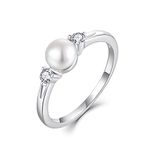 JO WISDOM Pearl Ring,925 Sterling Silver Cubic Zirconia Women's Rings with 7mm White Freshwater Cultured Pearl Ring size 5