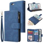 UEEBAI Wallet Case for iPhone 6 6S, Premium Vintage PU Leather Magnetic Closure Handbag Zipper Pocket Case Kickstand Card Holder Slots with Wrist Strap TPU Shockproof Flip Cover - Blue