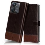 FLIPPED Vegan Leather Flip Case Back Cover for Xiaomi Mi Redmi 13C 5G | Redmi 13C 4G | Poco M6 5G | Poco C65 (Flexible, Shock Proof | Hand Stitched | Card Pockets Wallet & Stand | Coffee with Brown)