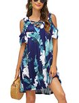 Bluetime Women Summer Cold Shoulder Casual Tshirt Dresses Floral Dress Beach Swimsuit Cover Ups (L, Floral20)