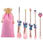 5Pcs Stitch Makeup Brushes with Storage Bag, Pink Stitch Theme Cosmetic Brush for Powder Eyeshadow Blushes Lips Portable Makeup Brush Set, Lovely Stitch Gift for Girl Women