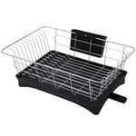 BTGGG Black Dish Drainer with Swivel Drainage Spout Drain Board, Wire Steel Kitchen Dish Drying Rack Organizer with Handles, Dish Rack, Dish Drainers, Black, 42 x 28 x 15 cm