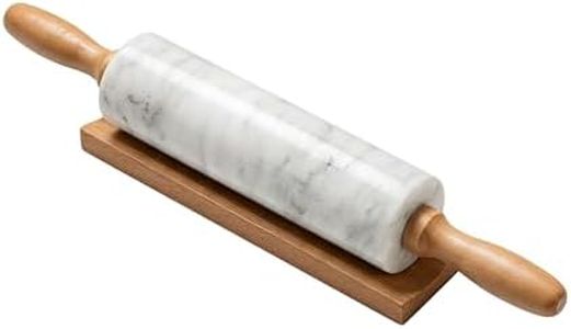 Pracfit White Marble Rolling Pin for Baking 10inch Barrel,With Wooden Handles & Wood Cradle, Non-Stick Dough Roller,Non-Stick Dough Roller for Pizza, Pasta, Fondant, Pie Crust, Pastry & Cookies