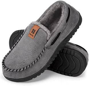 HomeTop Men's Moccasin Slippers Soft Faux Suede Plush Warm Lining Memory Foam Indoor House Shoes with Anti-Skid Sole (9, Grey)