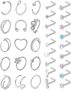 Incaton 33PC 20G Stainless Steel Nose Rings Hoops L Shaped Studs Screw Nose Piercings Jewelry for Women Men Silver Rose Gold Black Rainbow