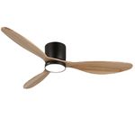 reiga Low Profile Indoor Ceiling Fan with Led Light and Remote Control, 132cm Quiet Ceiling Fan with Lamp, 6 Wind Speeds Reversible, Smart Alexa Fan - Natural Wood Color Blades