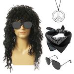 MIVAIUN 4Pcs Rocker Wig Set,70s 80s Disco Wig Costume Accessories for Men Women,Hippie Costume Set,Curly Rock Wig,Turban Peace Necklace Sunglasses for 80s Theme Party Halloween Carnival Party (Black)