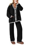 PRETTYGARDEN Women's 2 Piece Outfits Knit Matching Lounge Sets Long Sleeve V Neck Cardigan Sweaters Wide Leg Pants Tracksuits (Black,Medium)